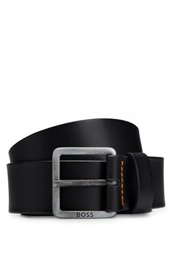 Mens Jeeko Sz40 Leather belt with logo and dark ruthenium hardware