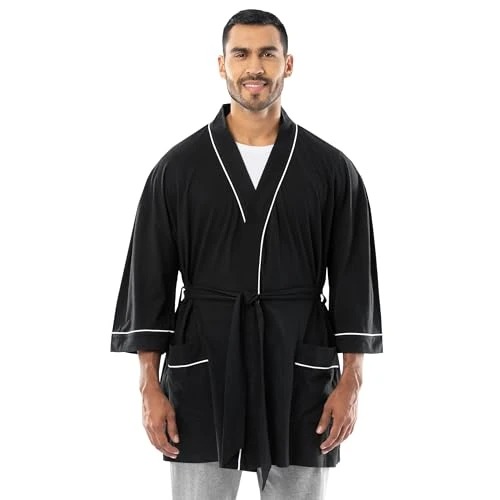 Men's Jersey Knit Kimono Robe Bathrobe, Black, 2X/3X