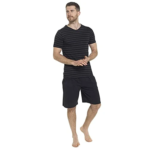 Mens Jersey Striped T-Shirt and Shorts Pyjamas Set (Medium, Black & Grey)