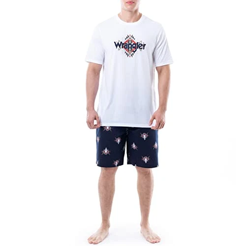 Men's Jersey Top and Micro-Sanded Cotton Shorts Pajama Sleep Set, White/Navy, S