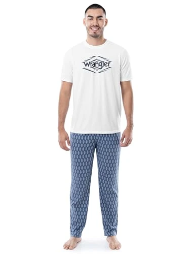 Men's Jersey Top and Micro-Sanded Pants Pajama Sleep Set, White/Blue, M
