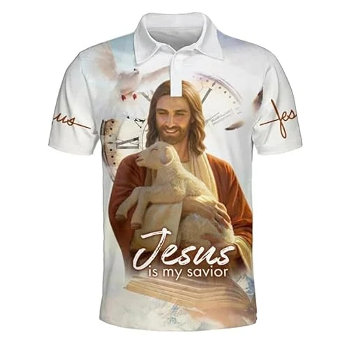 Men's Jesus Cross 3D Printed Polo Shirt Vintage Short Sleeve Lapel Summer Streetwear Oversized Polo T-Shirt