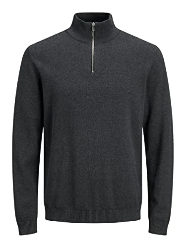 Men's JJEBASIC Knit Half Zip NOOS Pullover Sweater, Dark Grey Melange, M