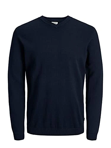 Men's Jjebasic Knit V-Neck Noos Jumper, Blue (Navy Blazer), Large