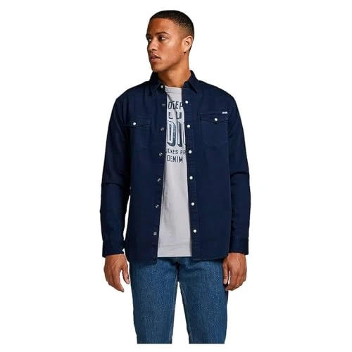 Men's Jjesheridan L/S Noos Denim shirt, Blue (Dark Navy Fit: Slim), M UK