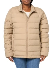 Mens Jon Quilted Stand Collar Puffer Jacket, Khaki Dry Touch Nylon, L Mens Jon Quilted Stand Collar Puffer Jacket, Khaki Dry Touch Nylon, L