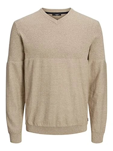 Men's Jprbladallas Knit V-Neck Jumper sweater, Almond Milk/Detail:twisted W. Weathered Teak, XL