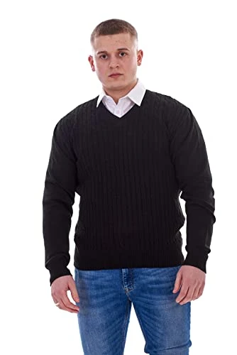 Mens Jumper Cable Knit V-Neck Chunky Pullover Warm Casual Long Sleeve Sweater Black