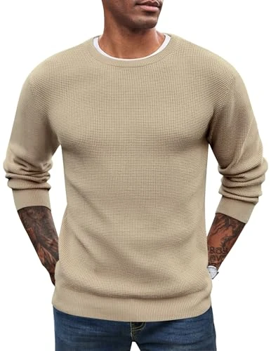 Mens Jumper Crewneck Pullover Sweater Waffle Textured Long Sleeve Knitted Sweaters Top Khaki M