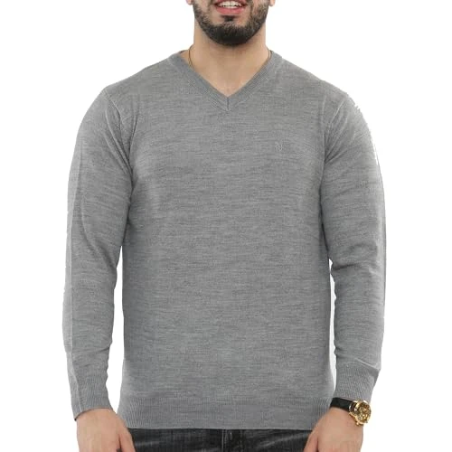 Men's Jumper Knit V-Neck Plain Classic Sweater Pullover Knitted Sweatshirt (S, Grey)