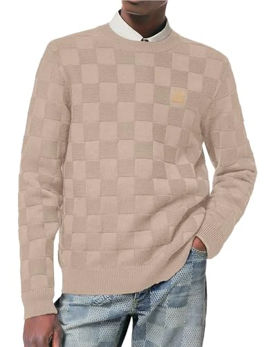 Mens Jumper Pullover Sweaters Knitted Long Sleeve Slim Fit Checkered Casual Crew Neck Autumn Winter 