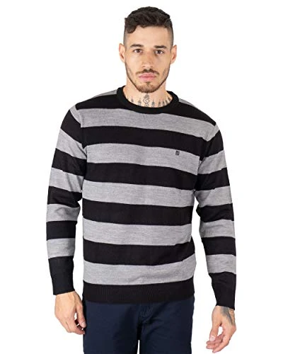 Men's Jumper Striped Knitted Crew Neck Long Sleeve Sweater Knit Pullover Sweatshirt (L, Black/Grey)