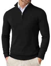 Men's Jumpers Quarter Zip Turtle Neck Jumper Half Zip Neck Pullover Knitted Jumpers for Men Slim Fit Stand Collar Warm Winter Sweater Black M