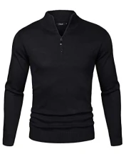 Men's Jumpers Roll Neck Knitted Sweater Quarter Zip Warm Pullover Long Sleeve Jumpers Classic Winterpullover Black