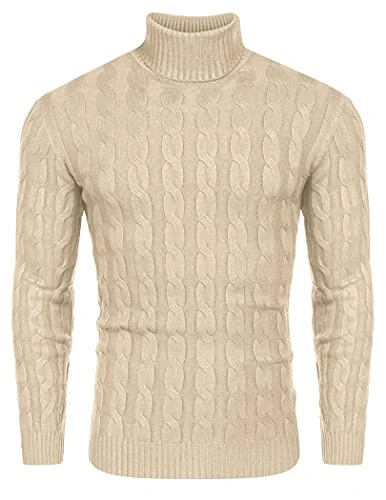 Mens Jumpers Turtleneck Slim Fit Twisted Knitted Pullover Jumpers, Light Khaki, S