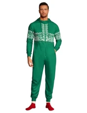 Mens Jumpsuit Onesie Rompers Drawtsring Hooded Full Zip One Piece Tracksuit with Pockets, Green Christmas, M
