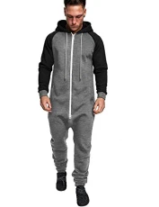 Mens Jumpsuit Onesie Rompers Drawtsring Hooded Full Zip One Piece Tracksuit with Pockets, Mid Grey Textile / Black, Medium