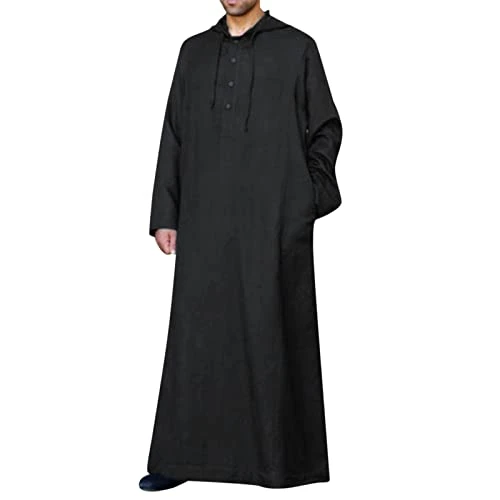 Mens Kaftan Hooded Robe Cotton Hemp Long Gown Robe Medieval Tunic Muslim Clothing Elegant Muslim Dress Abaya Moroccan Thobe Comfortable Button Down Shirt Dress Shirts Tops Arabian Costume