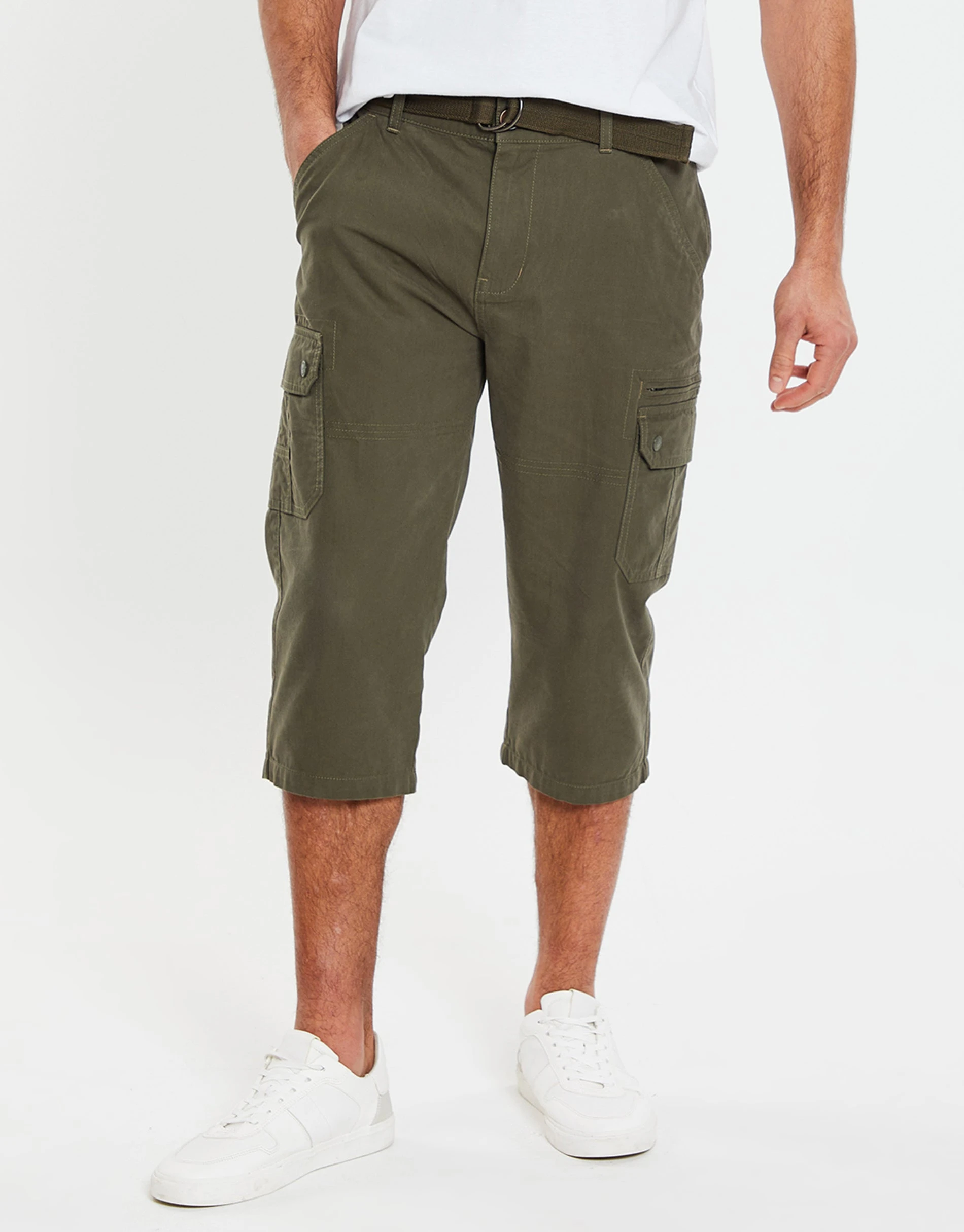 Men's Khaki 3/4 Length Belted Cargo Trousers