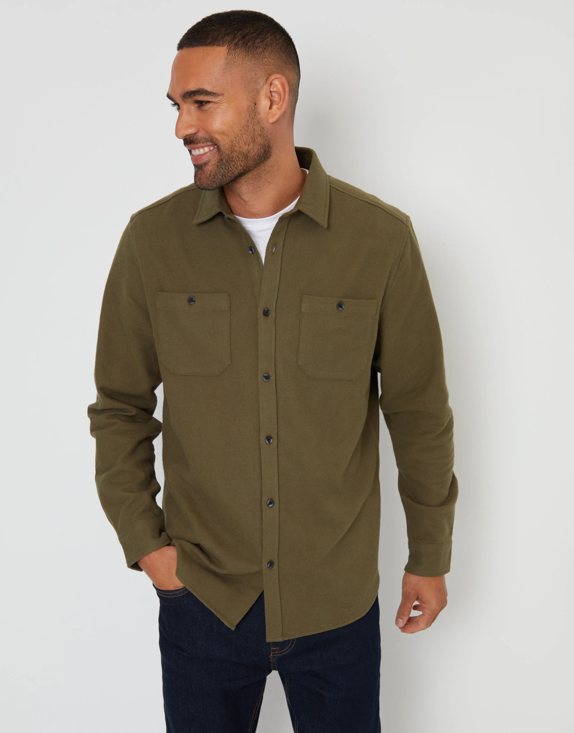 Men's Khaki Brushed Flannel Cotton Long Sleeve Shirt