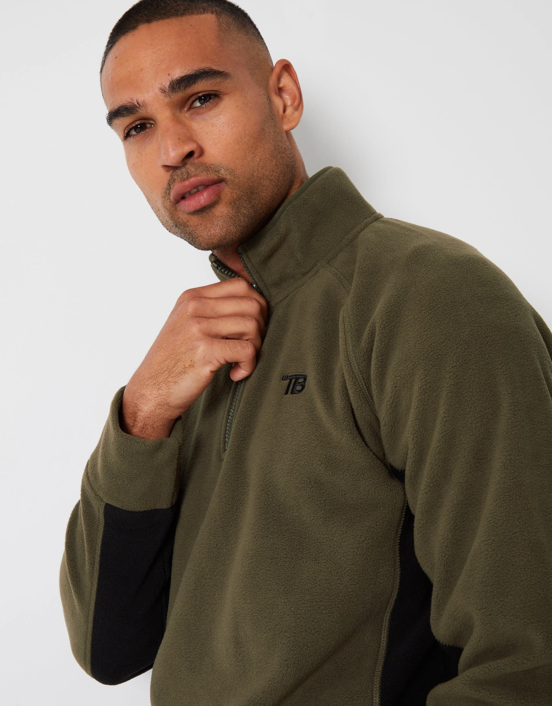 Men's Khaki Contrast Side Panel Quarter Zip Fleece