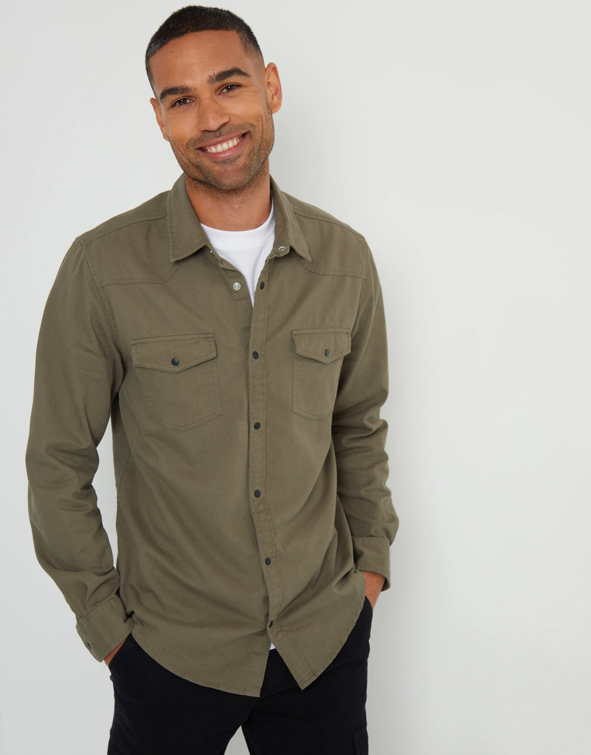 Men's Khaki Cotton Popper Closure Long Sleeve Shirt