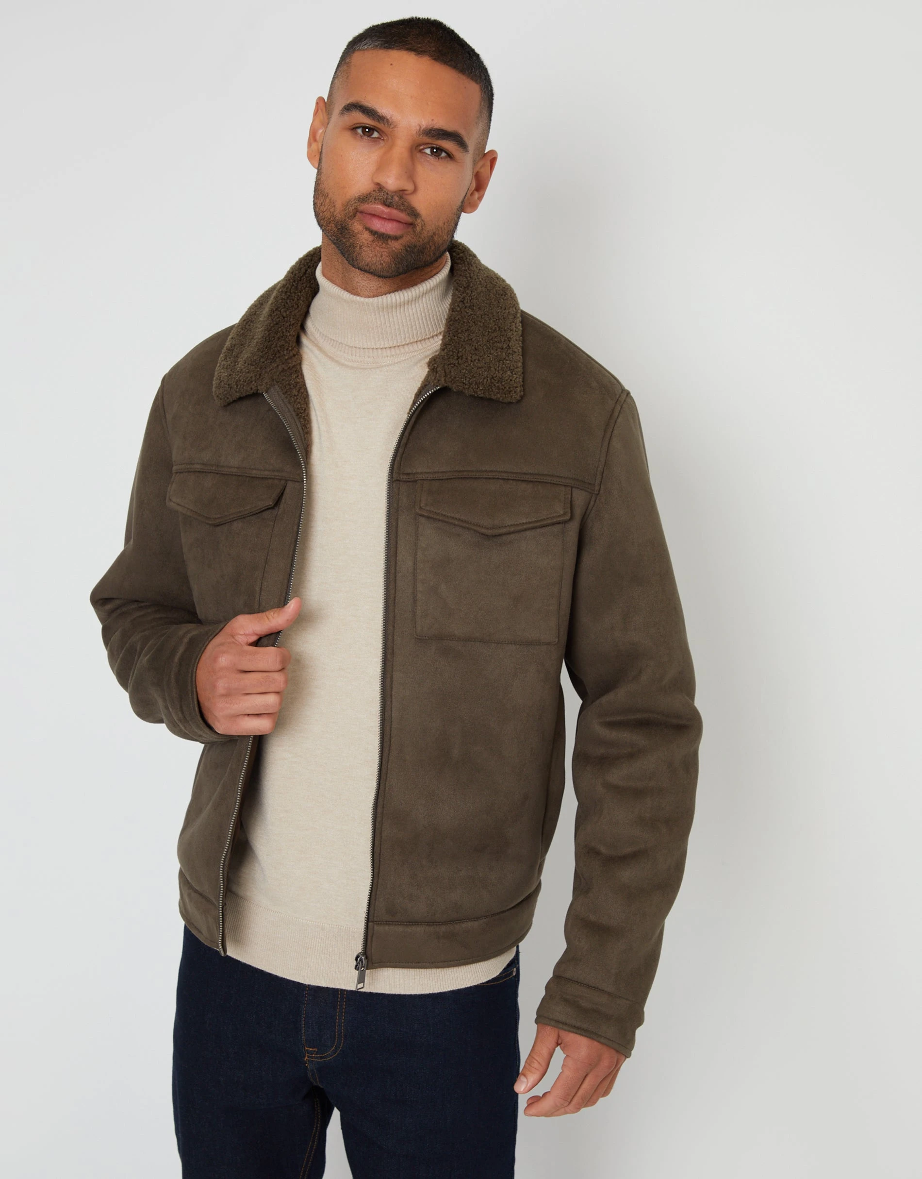 Men's Khaki Faux Suede Borg Lined Aviator Jacket