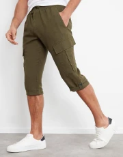 Men's Khaki Linen Blend 3/4 Length Cargo Trousers