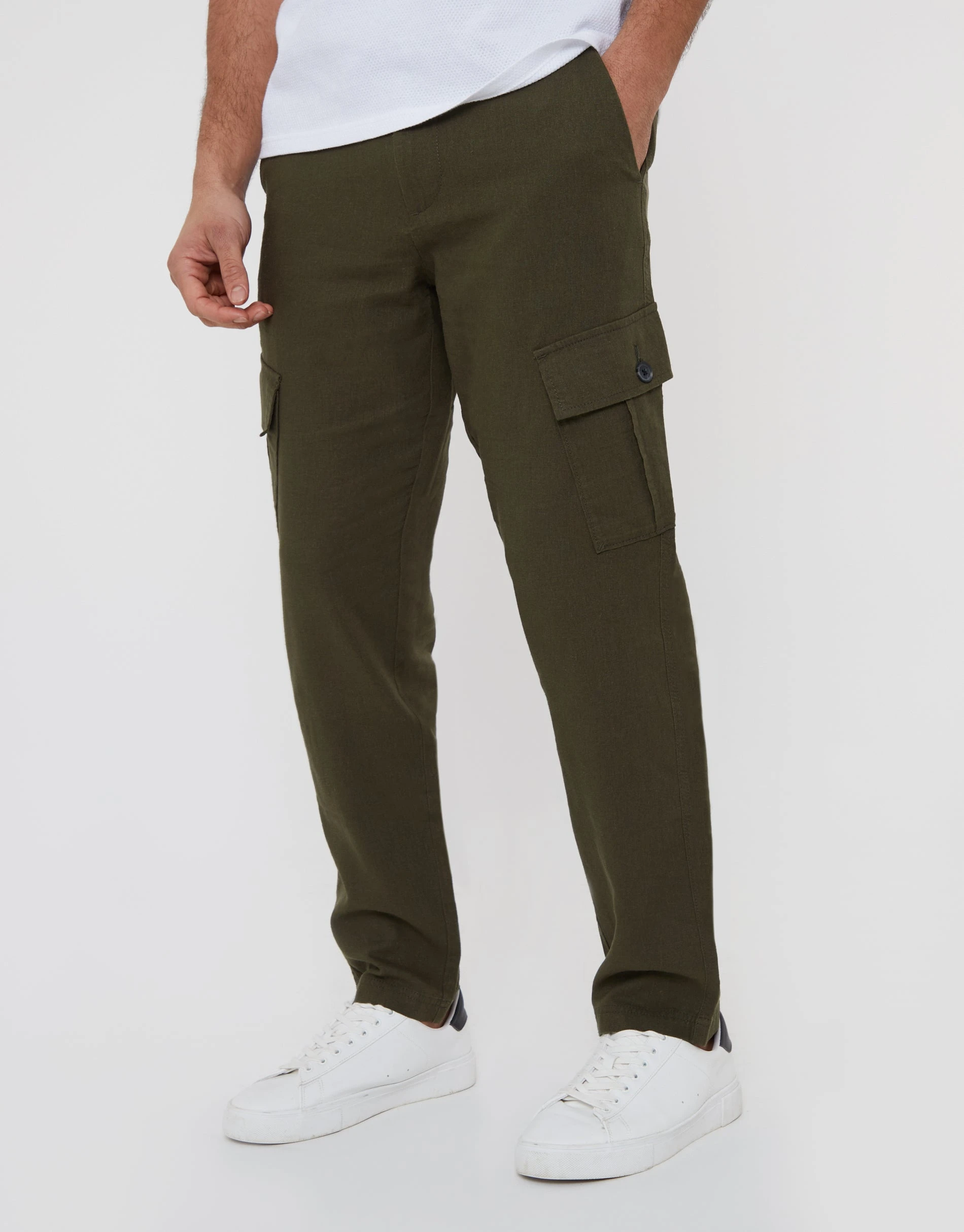 Men's Khaki Linen Blend Cargo Trousers