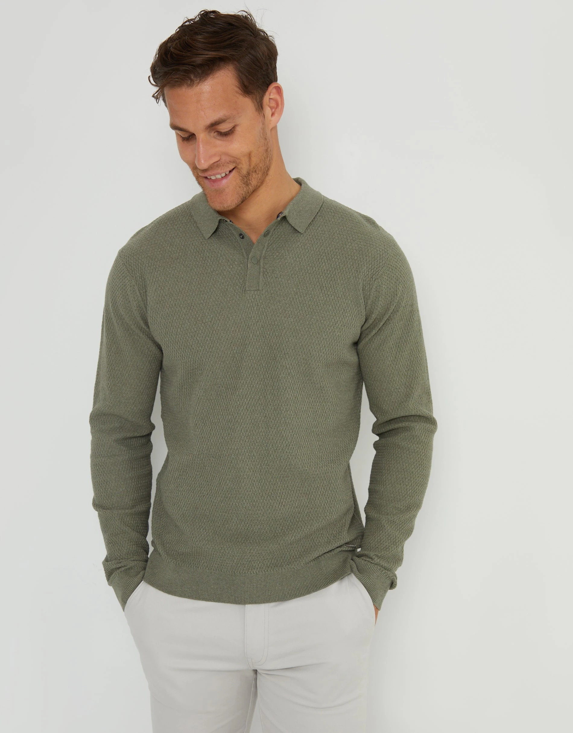 Men's Khaki Long Sleeve Popper Fastening Knitted Polo