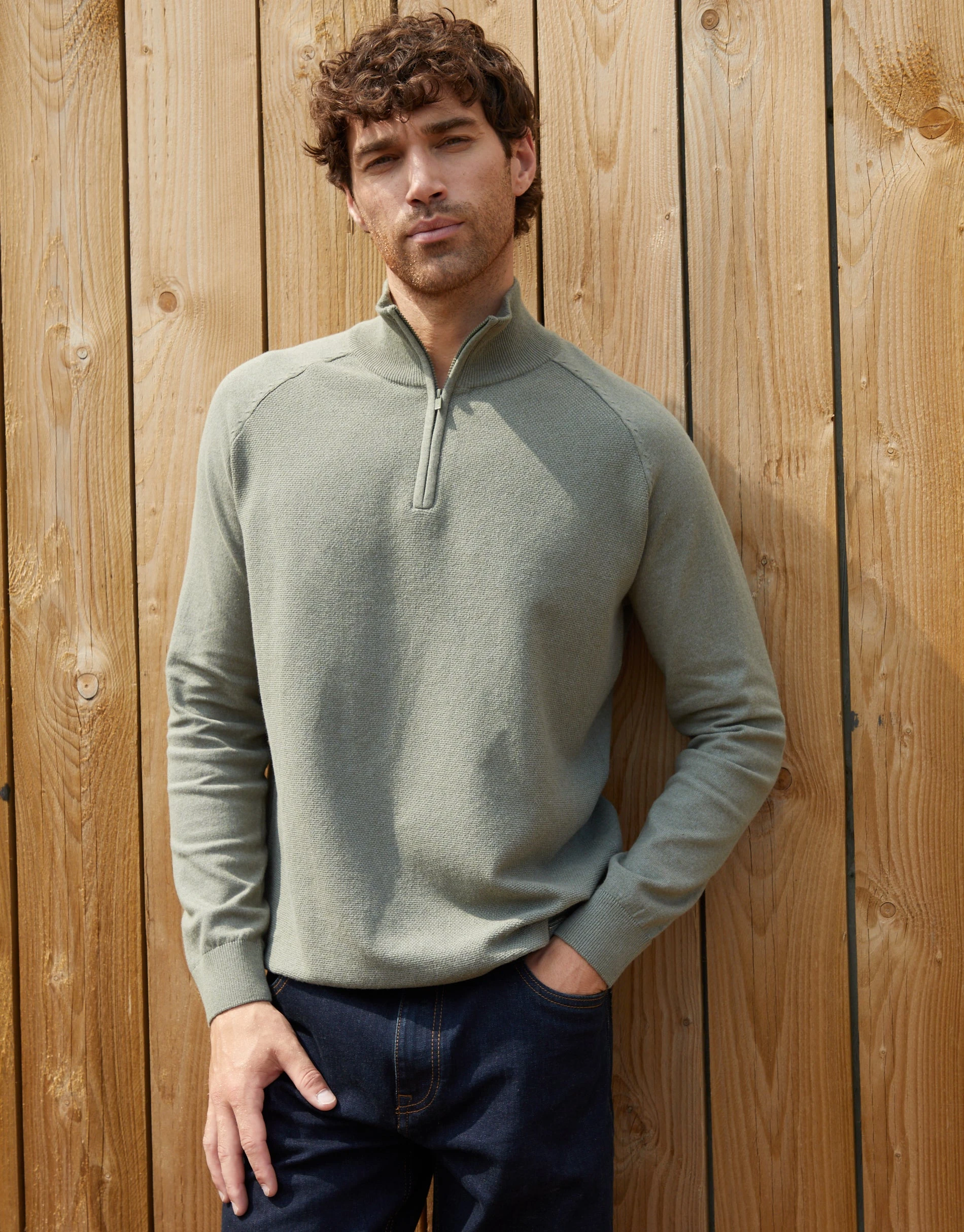 Men's Khaki Raglan Knitted Quarter Zip Jumper