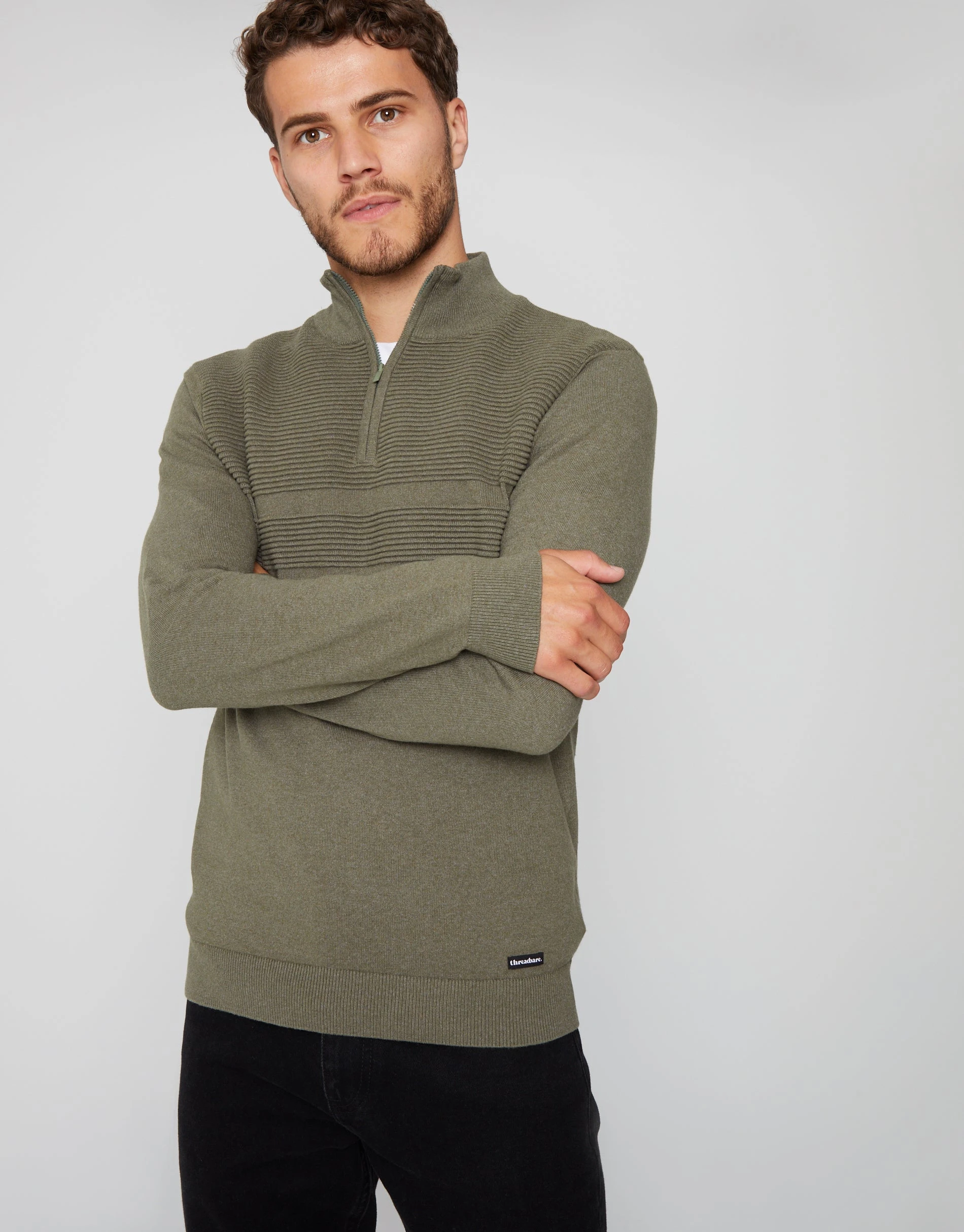 Men's Khaki Rib Detail Knitted Quarter Zip Jumper