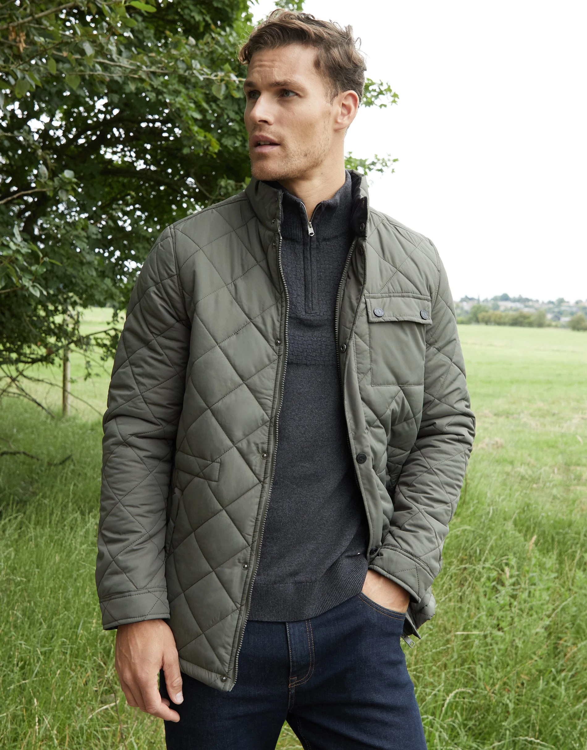 Men's Khaki Showerproof Diamond Quilted Jacket