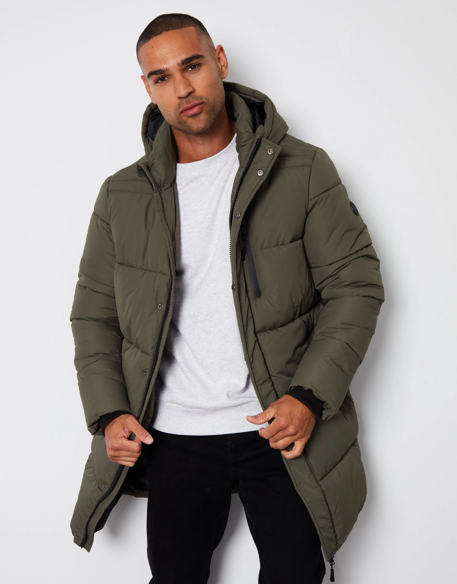 Men's Khaki Showerproof Hooded Longline Puffer Jacket