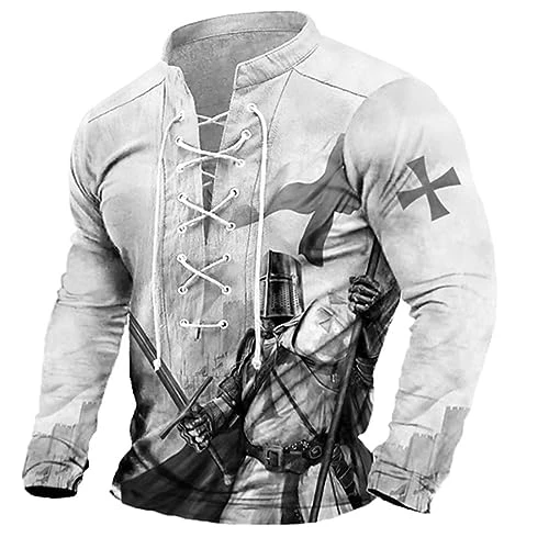 Men's Knight Templar Printed T-Shirt Long Sleeve Distressed Henley Shirts V Neck Lace Up Stand Collar Retro T-Shirt