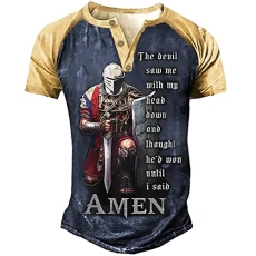 Men's Knight Templar T Shirts 3D Printed Short Sleeve Distressed Henley Shirt Vintage Outdoor Sports Tactical Henley T Shirt