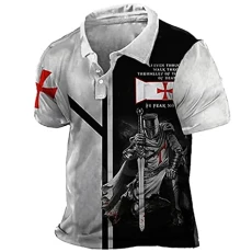 Men's Knights Templar Print T Shirt, Men 3D Printed Collar Polo Shirt Short Sleeve T-Shirt Casual Tee