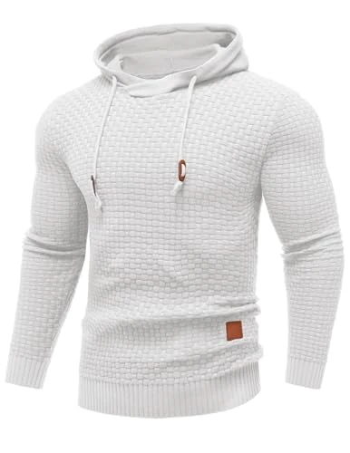 Mens Knit Hoodie Pullover Sweater Long Sleeve Hipster Casual Hoodies Sweater, White, L