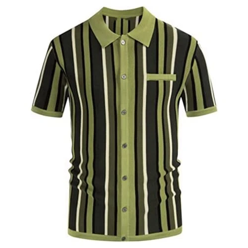 Men's Knit Polo Shirts Short Sleeve Striped Shirts Summer Casual Vintage Shirt Slim Fit Dark Green M