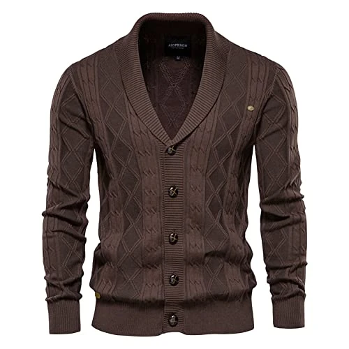 Mens Knitted Cardigan Knit Jacket Shawl Collar Knitwear Sweater V Neck Button Up Long Sleeve Gentlem