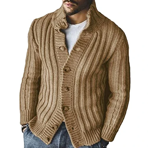 Mens Knitted Cardigan Thick Sweater Button Down Chunky Knit Jacket Stand Collar Warm Jumper Slim Fit