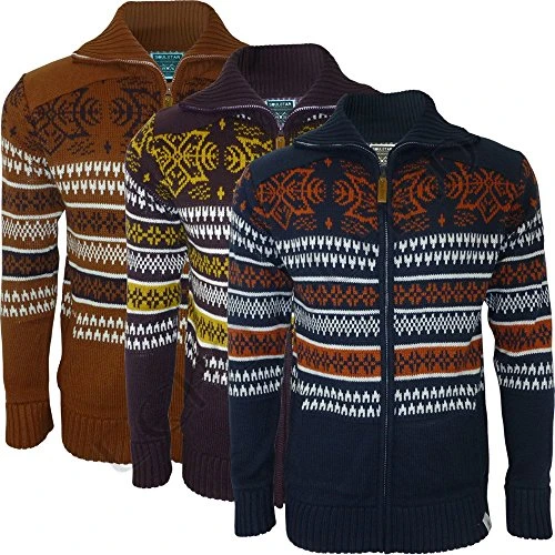 Mens Knitted Cardigan Thick Sweater Full Zip Warm Jumper Winter Coat (L, Rust)