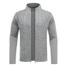 Mens Knitted Cardigan Thick Sweater Zip Up Cardigans Classic Stand Collar Long Sleeve Casual Warm Sweatshirt 67# Grey 3XL