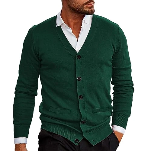 Mens Knitted Cardigan | V Neck Button Jumper Plain Coloured | Long-Sleeve Cardigan Sweater for Mens 