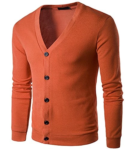 Mens Knitted Jumper Button Through Cardigan Sweater Orange 2XL