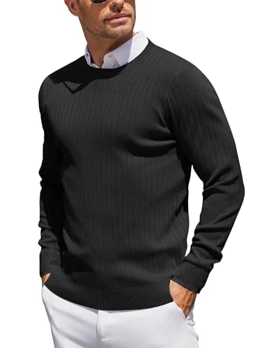 Men's Knitted Jumper Crew Neck Winter Sweater Pullover Business Round Neck Jumpers for Men Black L