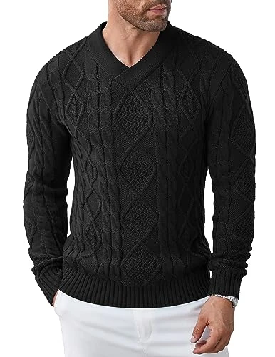 Men's Knitted Jumper Stand-Up Collar Pullover Warm Basic Fine Knit Winter V-Neck Pullover Sweater Bl