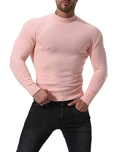 Men's Knitted Pullover Sweater Jumper High Collar Long Sleeve Slim Fit Pink XL