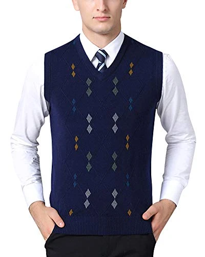 Mens Knitted Vest Jumper Diamond Pattern V-Neck Sleeveless Slipover Knitwear Sweater Tank Tops Navy