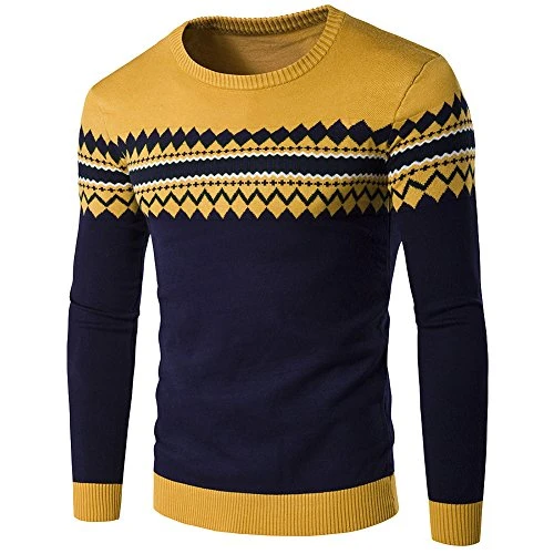 Mens Knitwear Knitted Stripe Pullover Crew-Neck Long Sleeve Jumper Sweater Yellow S